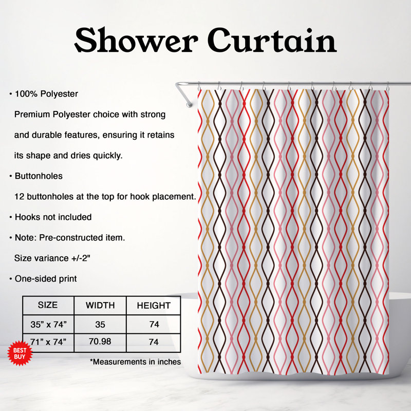 Rideau de douche 1 pièce en acajou avec cœurs 0112, H 74 po x l 71 po