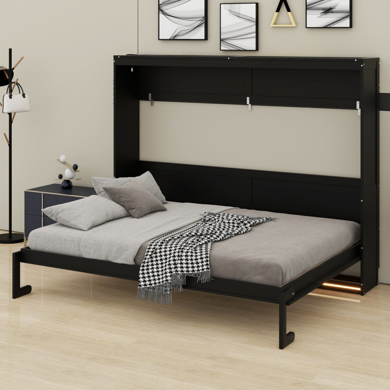 Lit escamotable polyvalent avec motif imprimé tendance, lumières DEL sous le lit et chargeur USB, Noir