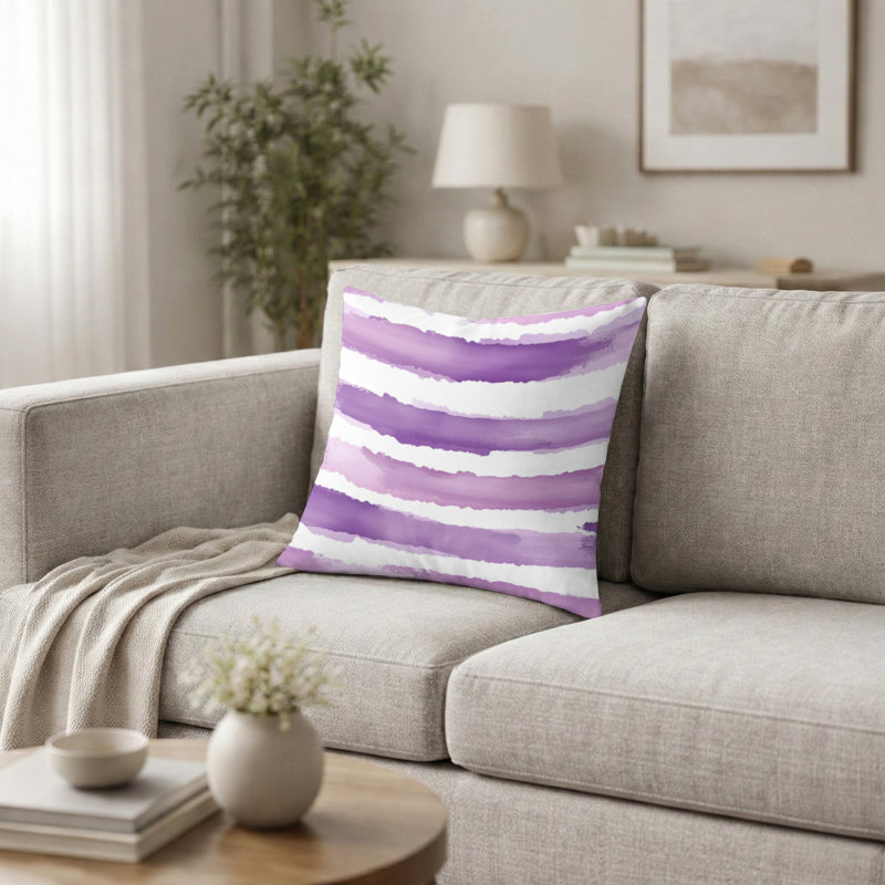 Coussin French Country - Coussin rayé à rayures mauve et blanc lavande, H 16 po x l 16 po