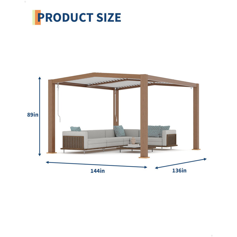 Louvered Pergola with Adjustable Louvered Roof & Reinforced Aluminum Frame, Integrated Drainage Hardtop Gazebo for Patio or Garden, 11x13 FT (Wood Grain)