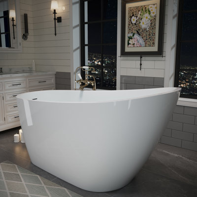 55" Acrylic Stand Alone Bathtub, Glossy White, Ideal For Bathroom , With - Clog Drainage And Double Insulation Freestanding Offering A Relaxing Soaking Experience, Stainless Steel Brackets Drain