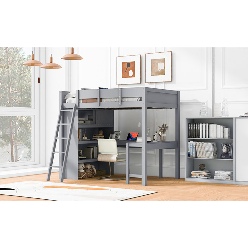 Lit mezzanine avec bureau et tablette, Gris
