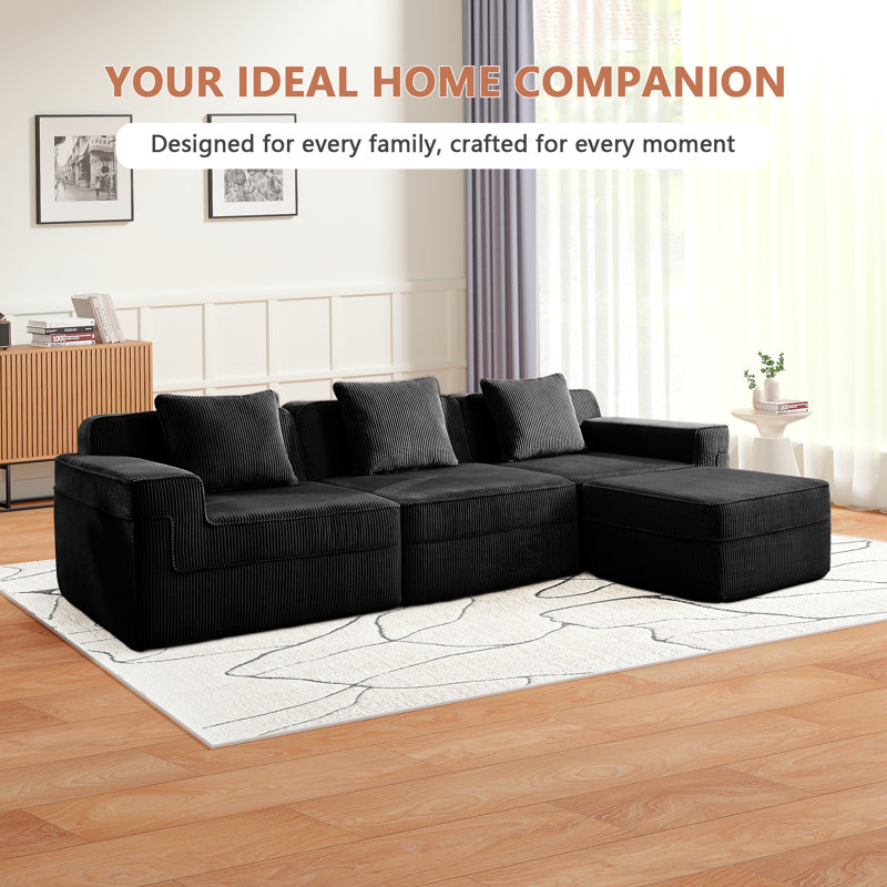 Canapé modulaire en forme de L sans siège à 3 places, canapé modulaire Cloud avec assise profonde et coussins décoratifs Tissu de velours côtelé
