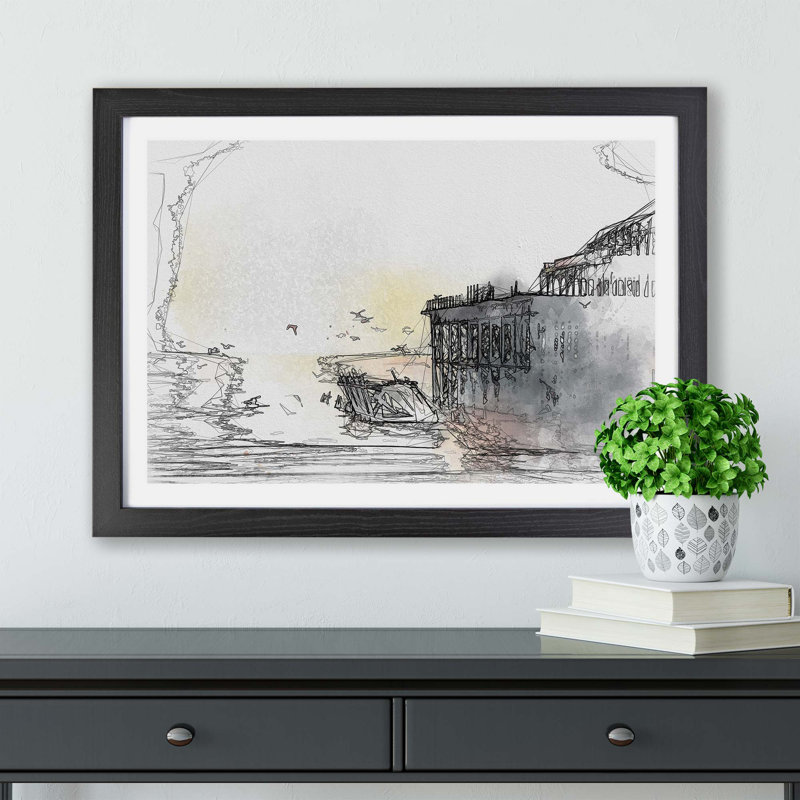 The West Pier on Brighton Beach - Framed Print, 62cm H x 87cm W x 2cm D, Black