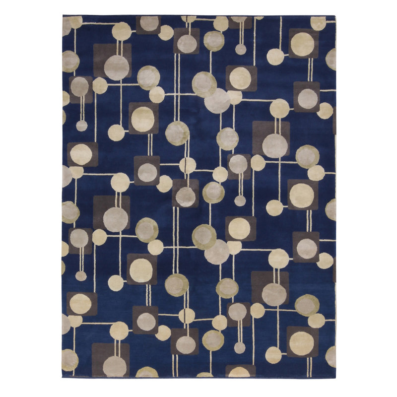 Mid Century Modern Hand Knotted Geometric Area Rug, Rectangle 10' x 14'
