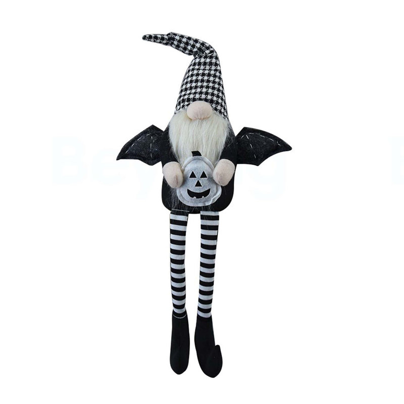 Gnome noir en tissu 4,3 x 3,5 x 23,5 po avec des ailes et un chapeau écossais noir et blanc, pour la décoration d'Halloween
