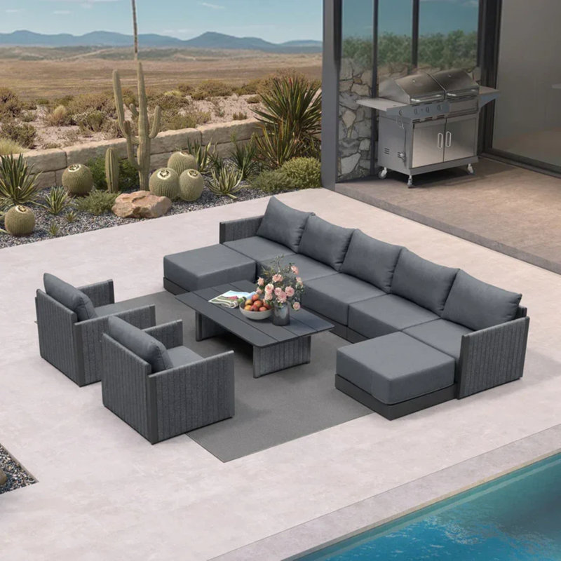 Patio Furniture Set 10 Pieces Patio Seating with Ottoman Sofas, Aluminum Furniture Outdoor Couch Sectional Set with Cushions and Aluminum Table Patio Conversation Sets Gray