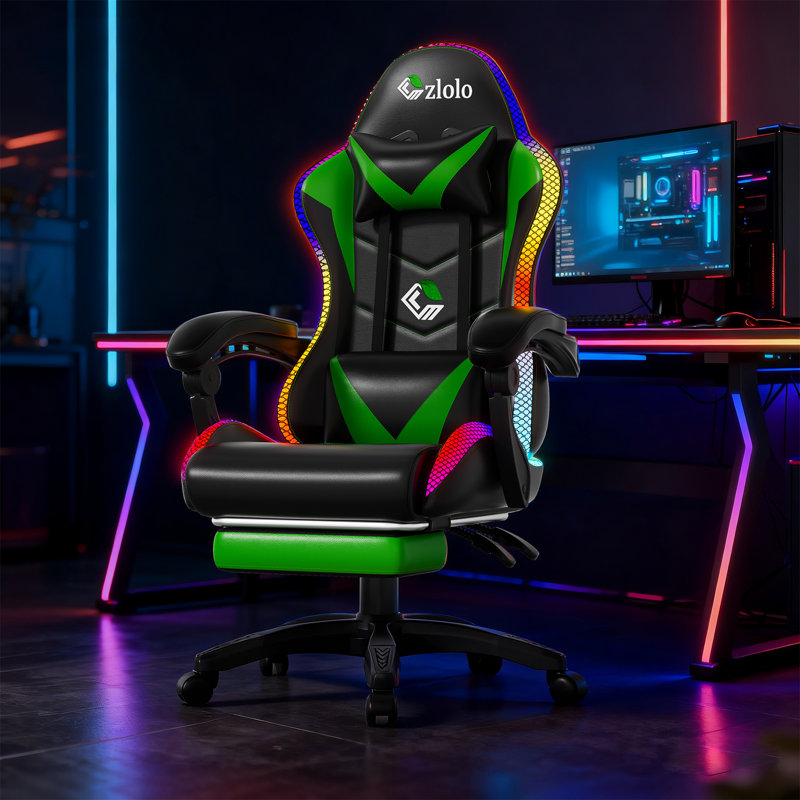 RGB LED Lights Gaming Chair with Footrest and Lumbar Massager for Adults and Kids, Gray