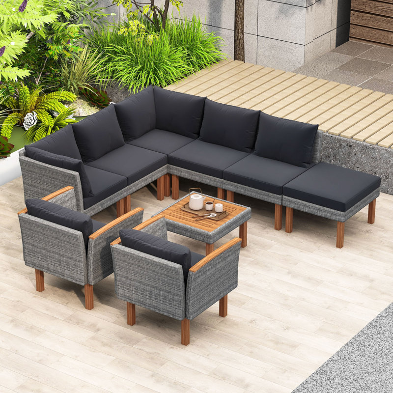 9Pcs Patio Rattan Furniture Set with Weather-Resistant Frame Sofa, Armchair, Ottoman and Coffee Table, Gray, Dark Gray