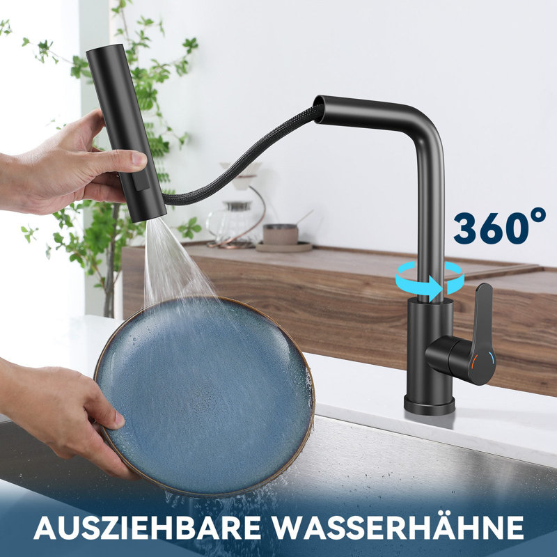 Kitchen faucet pull-out - Waterfall mixer tap with shower sink faucet 360° rotatable faucet with 3 spray types sink kitchen faucet brushed stainless steel