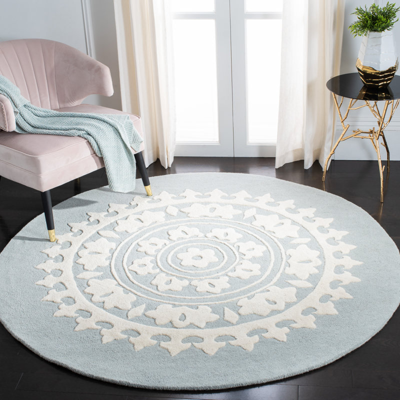 Tapis gris clair / ivoire en laine touffeté à la main Camisa, Rond 6 pi