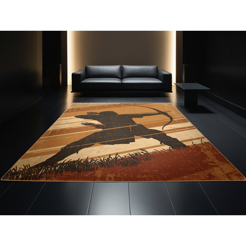Soft Plush Arce Buffalo Hunter Warrior Rustic Vintage Look Area Rug in Brown – LightBrown Binding, 5x8