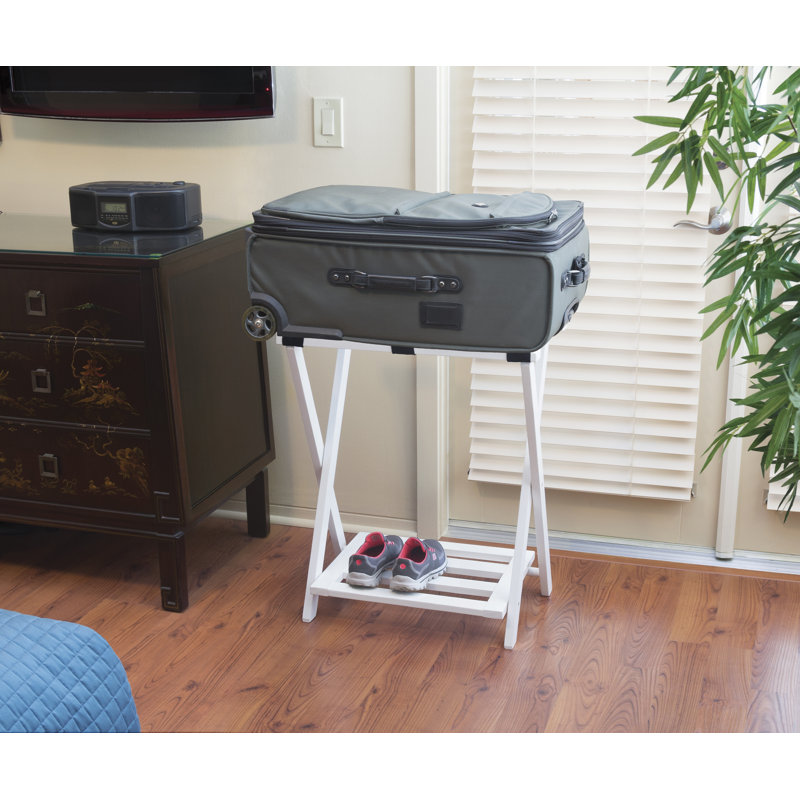 White Folding Wood Luggage Rack with Bottom Shelf