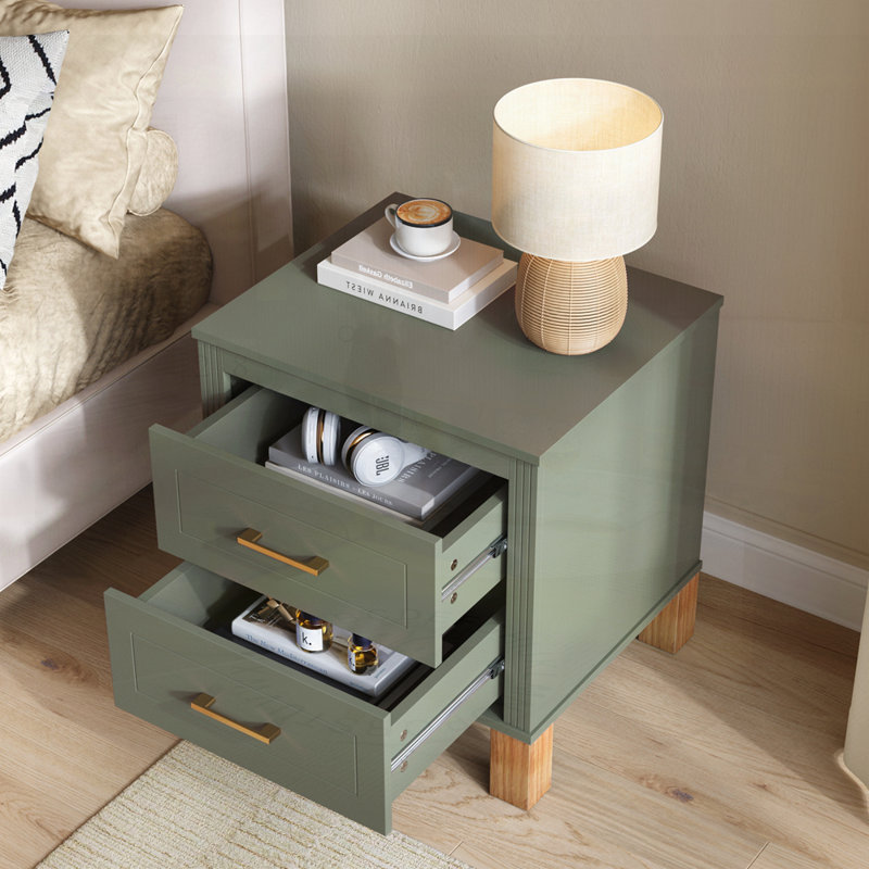 Table de chevet 2 tiroirs, rangement en bois de qualité supérieure avec design élégant cannelé, table de chevet à pieds en bois massif avec poignée en métal, grande table de chevet