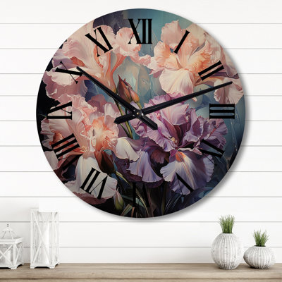Pink Purple Irises Romantic Impression II - Floral Oversized Wood Wall Clock