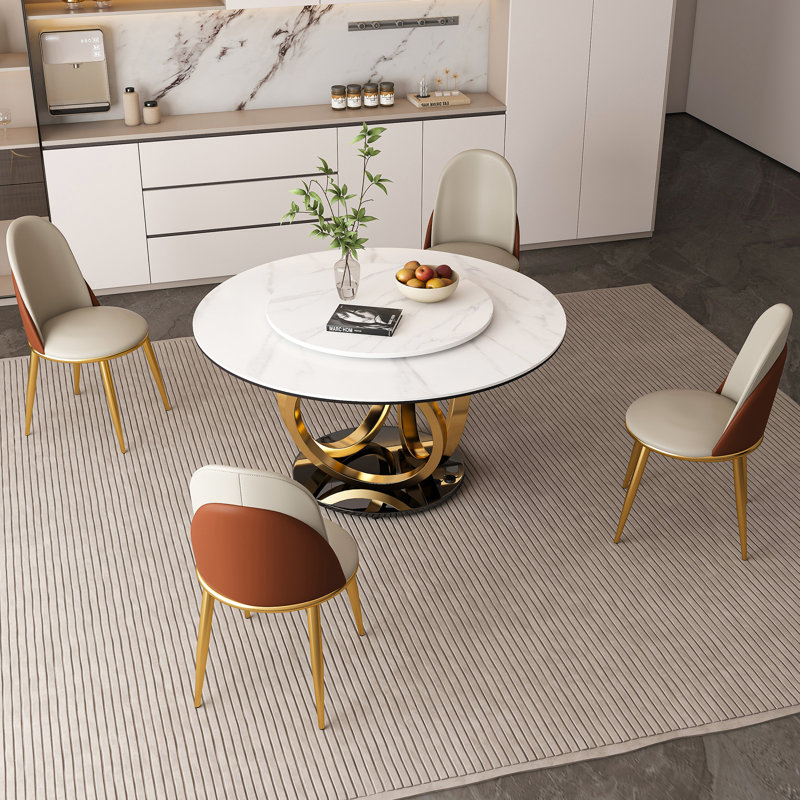 17 Stories 53" Round Dining Table With 360° Smooth Lazy Susan - Stain ...
