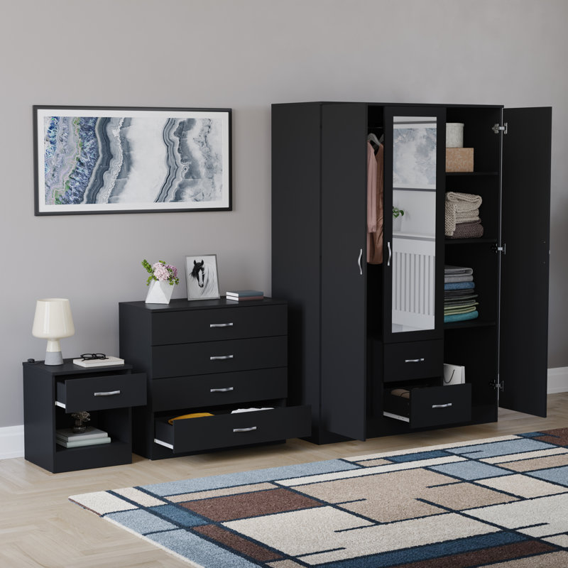 Maybery 3 Piece Bedroom Set (1 Drawer Bedside Chest, 4 Drawer Chest, 3 Door 2 Drawer Mirrored Wardrobe), (5), Black