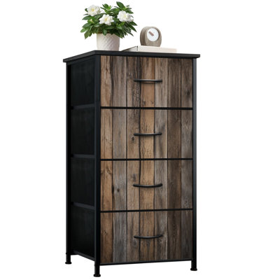 4 Drawer Vertical Storage Dresser Grey barn wooden wall planking hardwood dark weathered timber surface with Wood Top Fabric Pull Drawers
