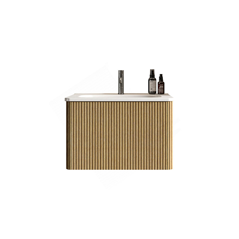 Meuble-lavabo rayé en chêne naturel 24 po avec lavabo en céramique blanc, meuble-lavabo mural flottant pour salle de bain moderne, pré-assemblé
