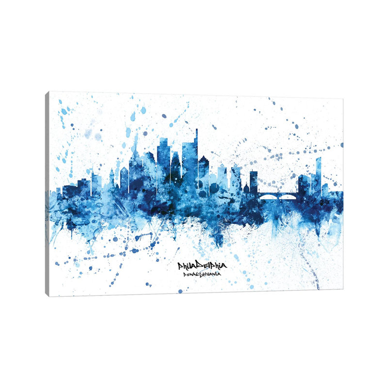 Philadelphia Skyline Splash Blue by Michael Tompsett - Wrapped Canvas Print, 20.32 cm H x 30.48 cm W