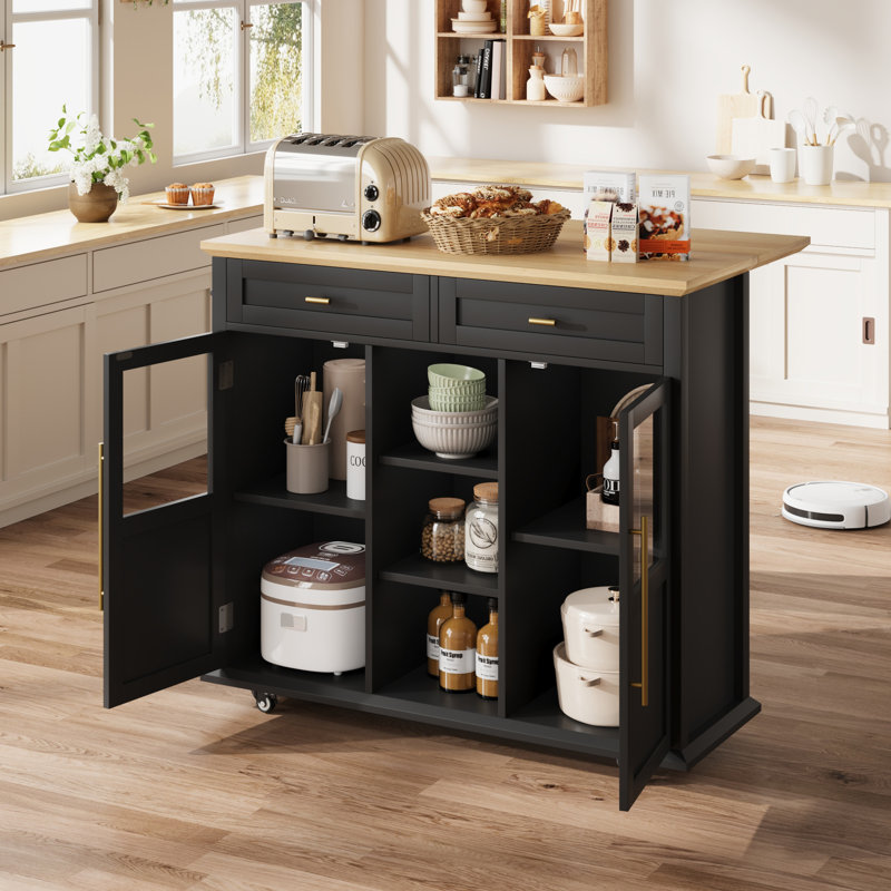 Kitchen Island Cart on Wheels with Foldable Table - 2-Tier Rolling Cart with Storage Shelf and Towel  for Kitchen Use, Black