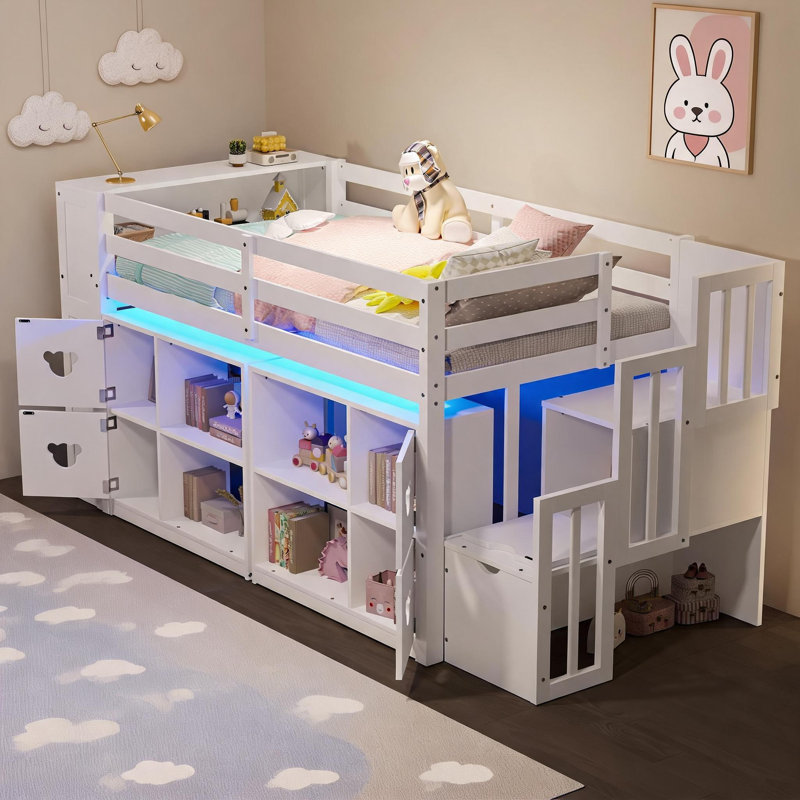 Twin Size Platform Low Loft Bed with Built-In Storage and Shelves, White Finish