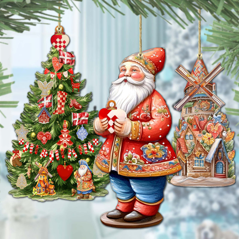 Ensemble de 3 décorations de père Noël en bois d'inspiration danoise