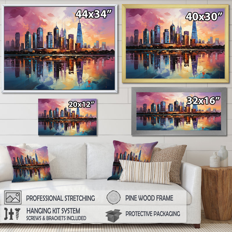 «Skyscrapers Giants Plastel IV», reproduction sur toile, H 16 po x l 32 po x P 1 po, Cadre flottant doré