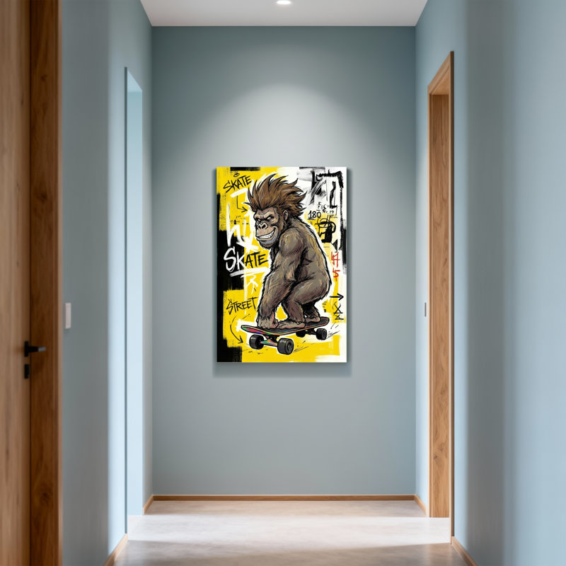 Animaux, singe, planche à roulettes, art de rue, style graffiti, impression sur toile, H 18 po x l 12 po