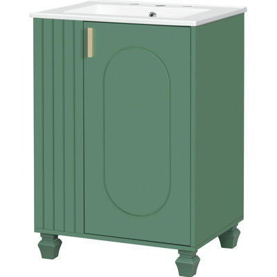 Meuble-lavabo 24 po avec lavabo lisse, structure en pin massif, rangement latéral ouvert, 2 tablettes, charnières, poignées en métal à finition classique, conception sous l'évier