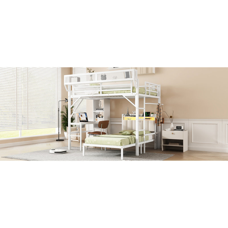 Lit double superposé double au-dessus d'un lit double avec bureau, DEL, station de charge et fonction amovible, couleur blanche avec tablette en maille de chevet d'étude, lumières DEL