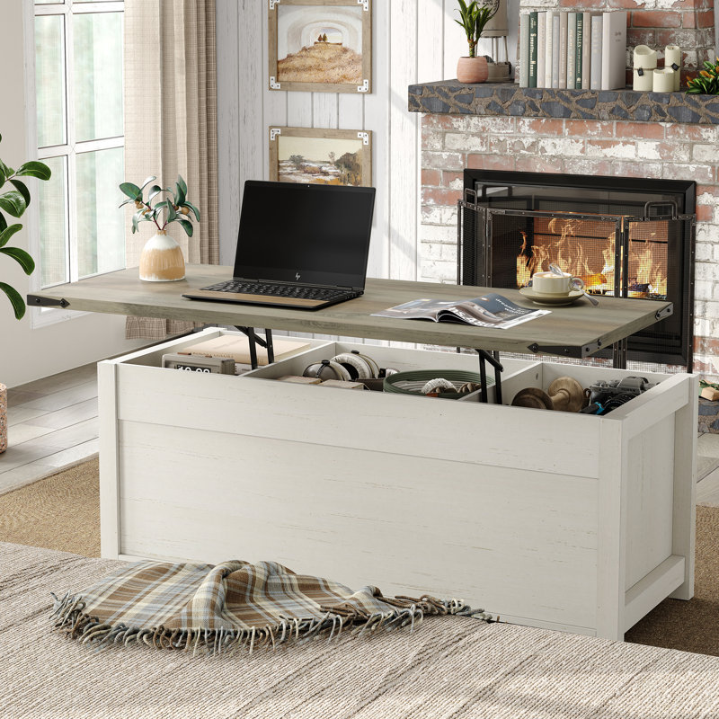 Jaquavion Coffee Table, Farmhouse Lift Top Coffee Table with Hidden Storage and Sliding Barn Door for Living Room