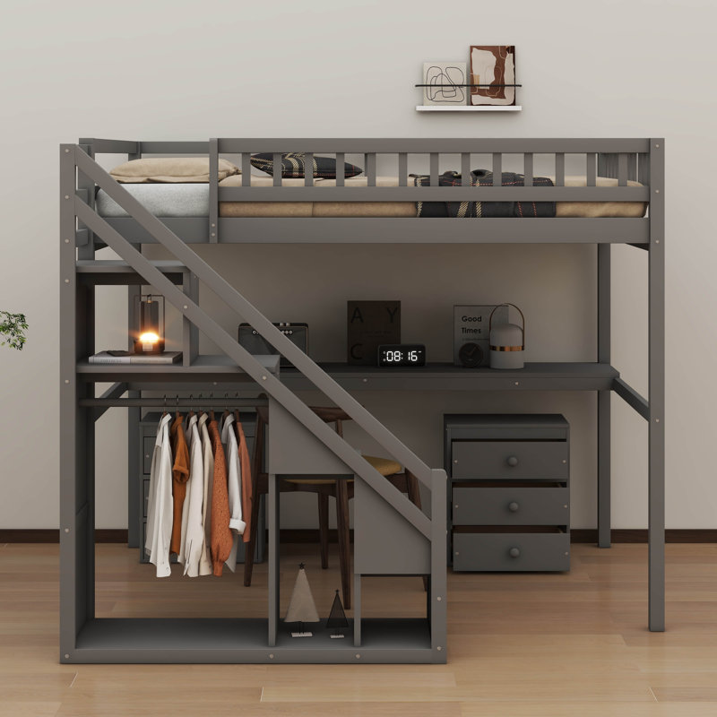 Lit mezzanine avec deux commodes, bureau et bande lumineuse, gris, Double
