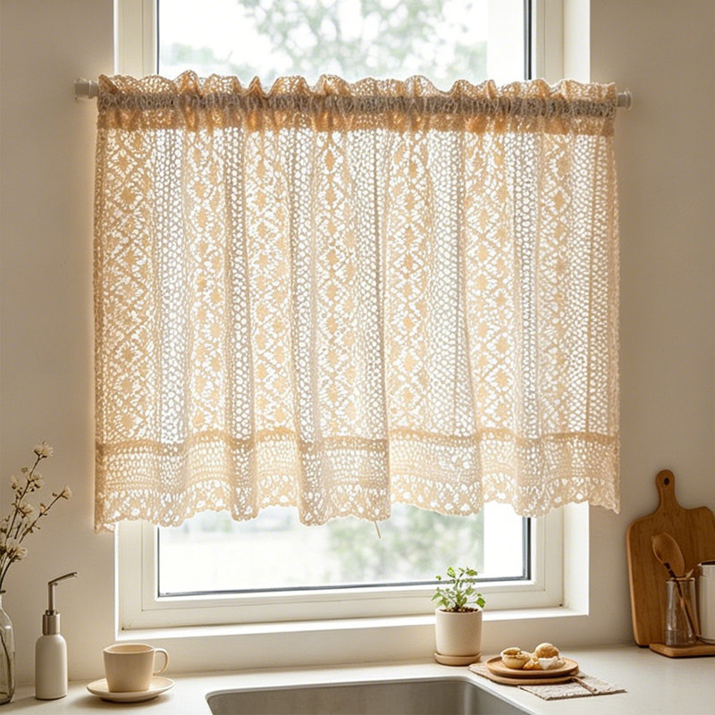 Rideau en dentelle rétro au crochet semi-diaphane, mélange de coton et de rideaux pour armoires de cuisine et décor de fenêtre