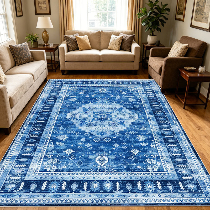 1PC Vintage Distressed Blue Bohemian Medallion area rugs for Living Room, Soft and Comfortable, Suitable for all seasons, easy-to-maintain, machine washable Indoor floor mat, Under Table Farmhouse suitable for dining room, bedroom, entryway, kitchen,