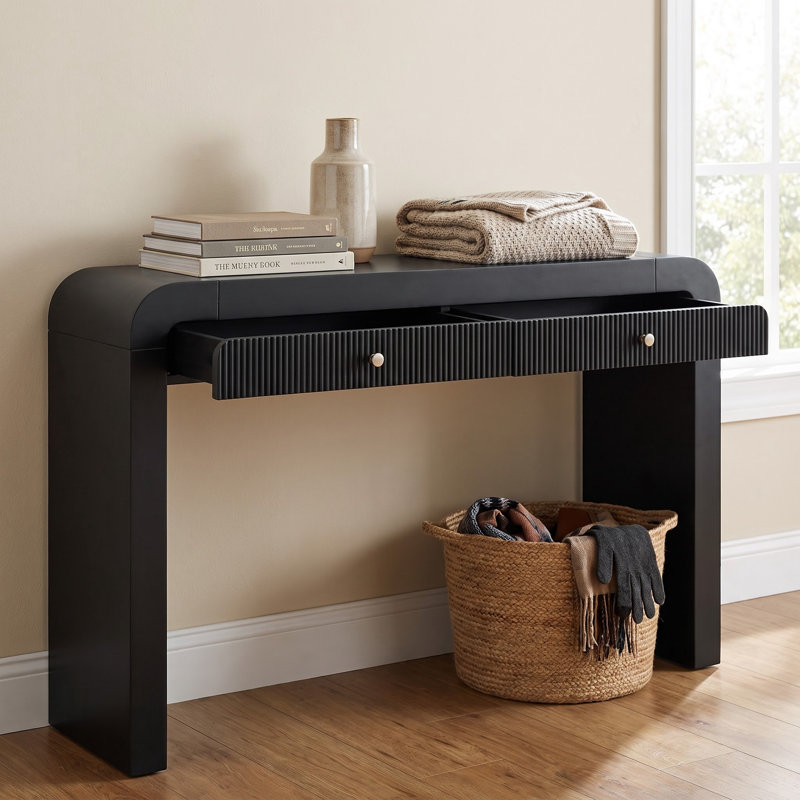 Console rustique avec façade de tiroir cannelée, coins arrondis et pieds épais – Table d'entrée avec pattes ajustables pour couloir et salon