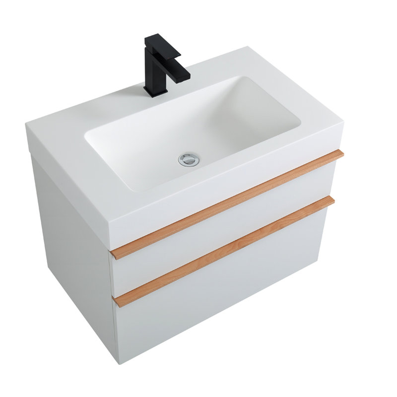Meuble-lavabo flottant mural blanc de 30 po, avec lavabo en acrylique intégré, glissières de tiroir à fermeture en douceur, poignées en bois massif bicolore, organisateur de rangement intégré, revêtement en peau matte,