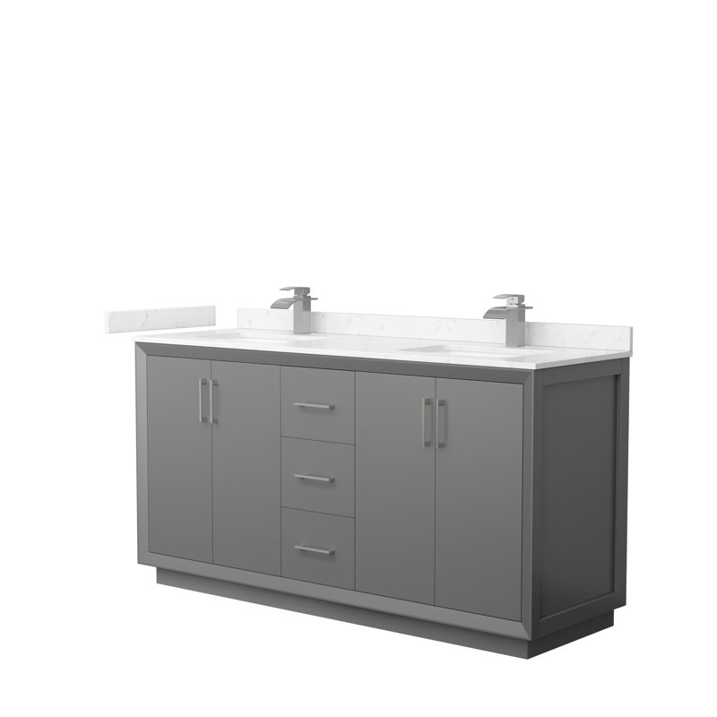 Ensemble de meuble-lavabo double 66 po Strada, Marbre de culture de Carrare, Gris foncé, Nickel brossé