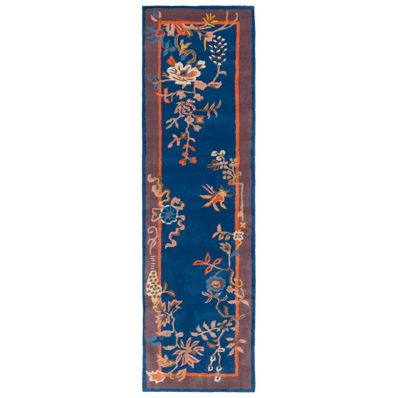Seydou Hand Tufted Wool/Cotton Floral Rug in Navy/Brown, Runner 2'3" x 8'