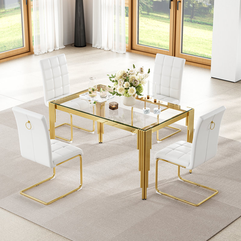 Modern Glass Dining Table Set Of 5, 52.76" Rectangular Tempered Glass Top, Polished Irregular Round Tube Stainless Steel Legs, 4 PU Leather Suspended Stainless Steel Frame Dining Chairs