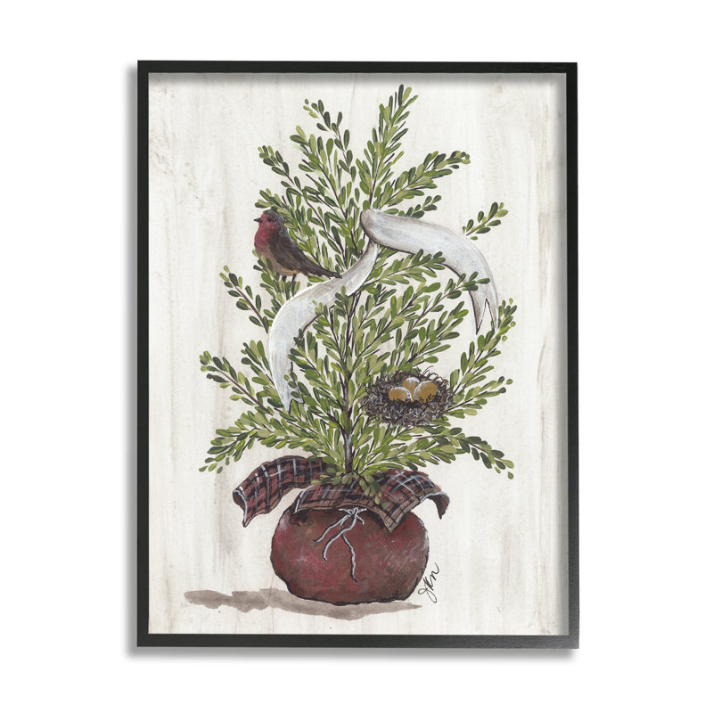 «Rustic Bird & Nest» saisonnier arbre en pot noir, estampe numérique encadrée, art par Julie Norkus