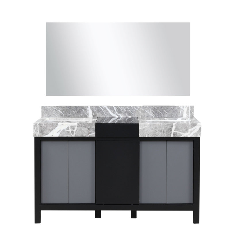 Meuble-lavabo double noir et gris 55 po X P 22 po D, dessus en marbre gris château et Miroir