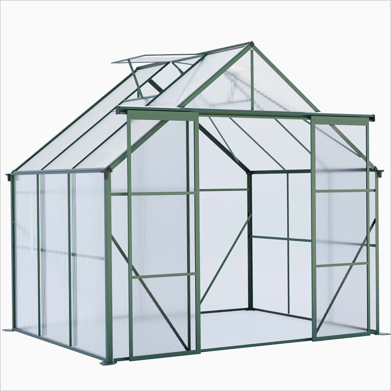 Double Door Polycarbonate Greenhouse Raised Base And Anchor Aluminum Heavy Duty Walk-In Greenhouses, Green