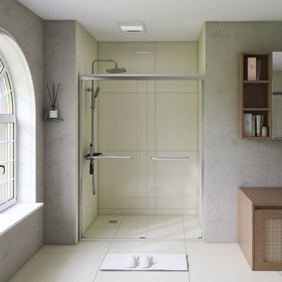 Porte de douche coulissante double l 50 à 54 po x H 72 po, verre trempé de 1/4 po (6 mm) avec film antidéflagrant, cadre en aluminium et poignée en acier inoxydable, nickel brossé, design minimaliste moderne