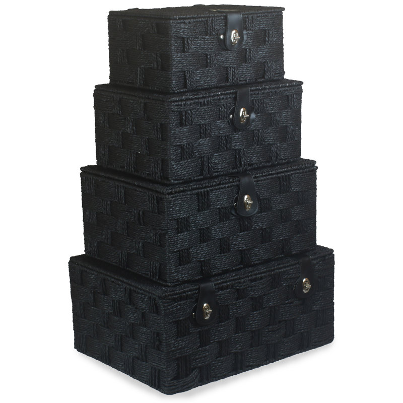 Paper Rope 4 Piece Lidded Storage Basket Set, Black
