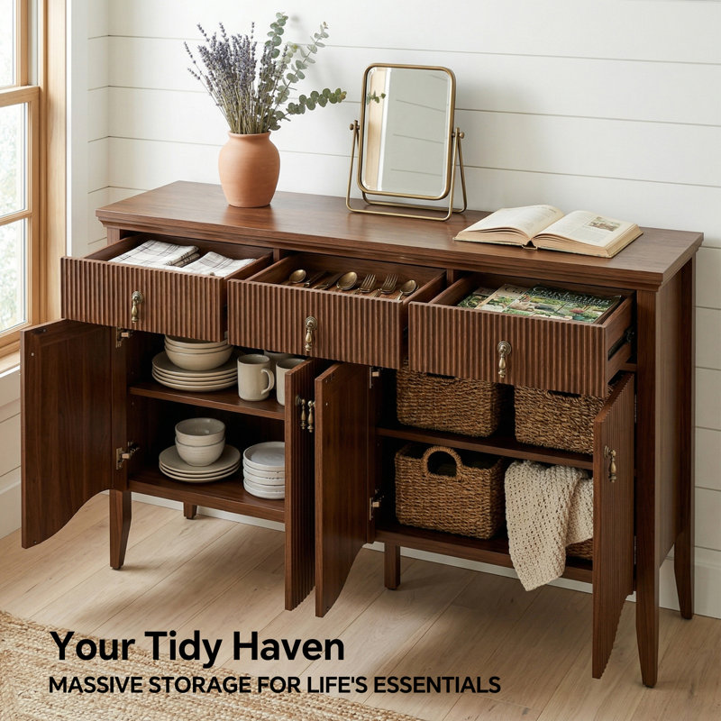 Avenall 57-inch Sideboard Buffet Cabinet With 3 Drawers And 4 Doors, Vintage Fluted Sideboard With Scalloped Base, Vintage Storage Cabinet For Dining Room, Organic Modern Accent Cabinet, Walnut