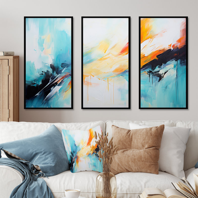 Azur bleu jaune fusion 3 - art mural abstrait, H 28 po x l 36 po x P 1 po, Cadre flottant noir