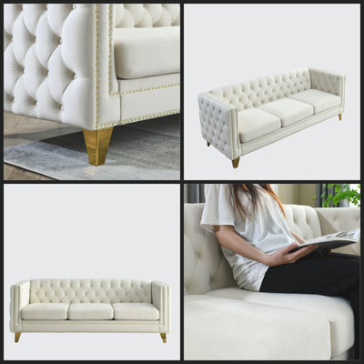 Luxury Beige Velvet Sofa with Button Tufting & Nailhead Trim – Modern Chesterfield Design for Living Room & Bedroom