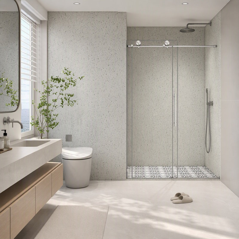 Porte de douche coulissante simple en verre sans cadre, 49-54 po L x 76 po H, verre trempé 5/16 po (8 mm) avec protection anti-explosion