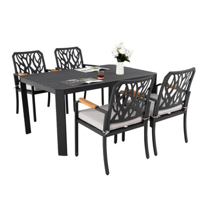 Outdoor Patio Aluminum 5pc Dining With 4 Chairs, Nature - Inspired Design , Removable Cushion Covers 5 Piece Modern , Chairs , Fade Fabric, Table Triangular Cross Section Legs And 2" Umbrella Hole